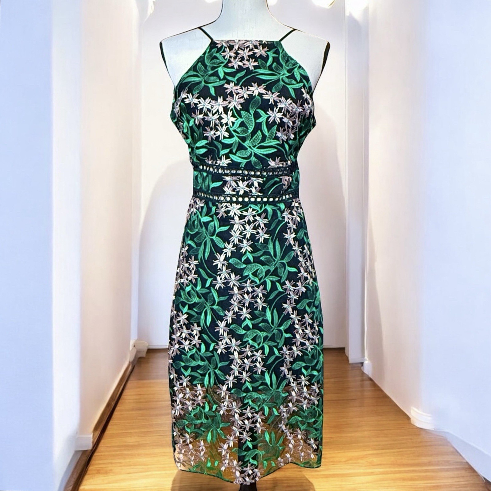 Sam Edelman Embroidered Black Green Floral Lace Midi Holiday Cocktail Dress 4