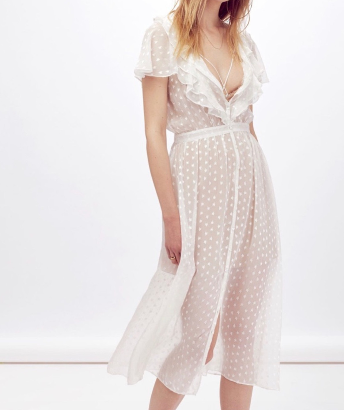 FOR LOVE AND LEMONS Firecracker Button Ruffle Midi Dress Cream Sheer Star S New