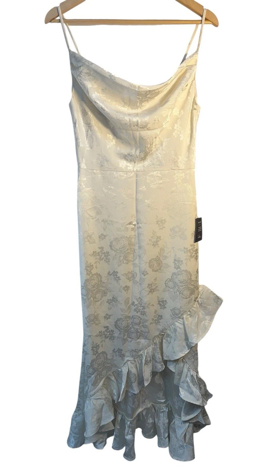 Lulus Ivory Floral Jacquard Midi Dress Cowl Neck Ruffle Hem NWT Womens S