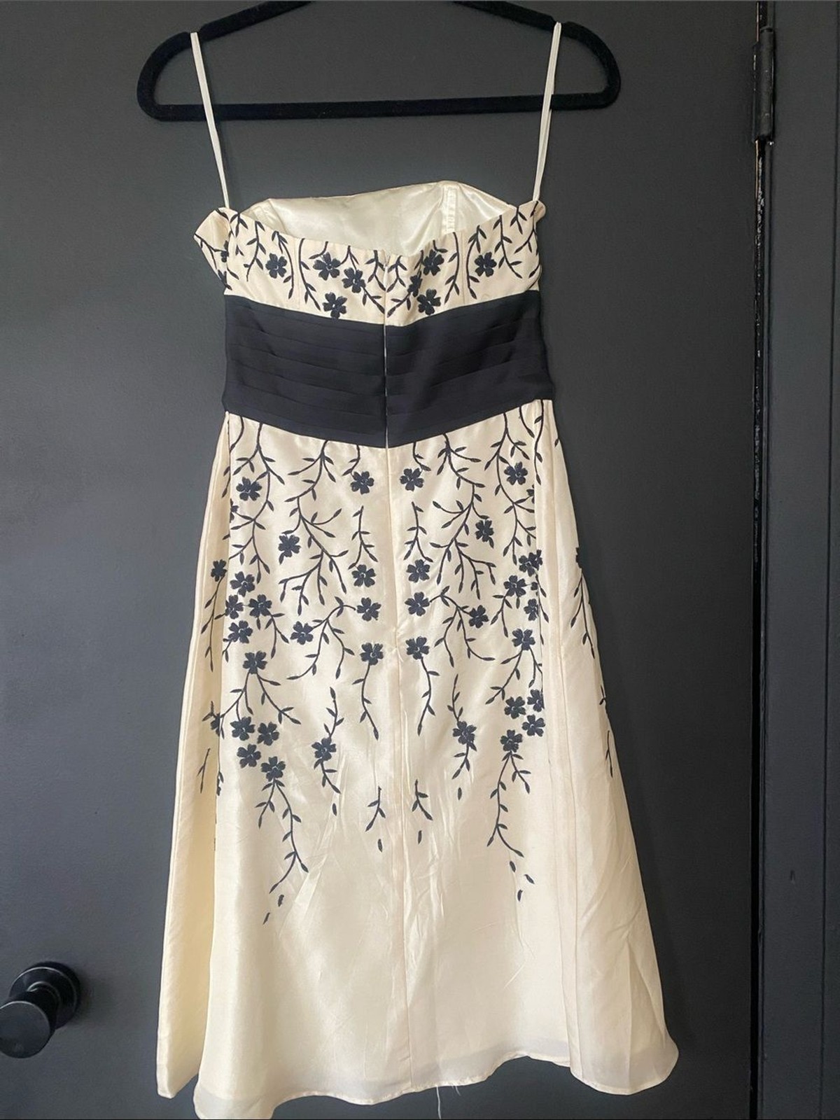 White House Black Market Strapless Silk Dress with Black Embroidery