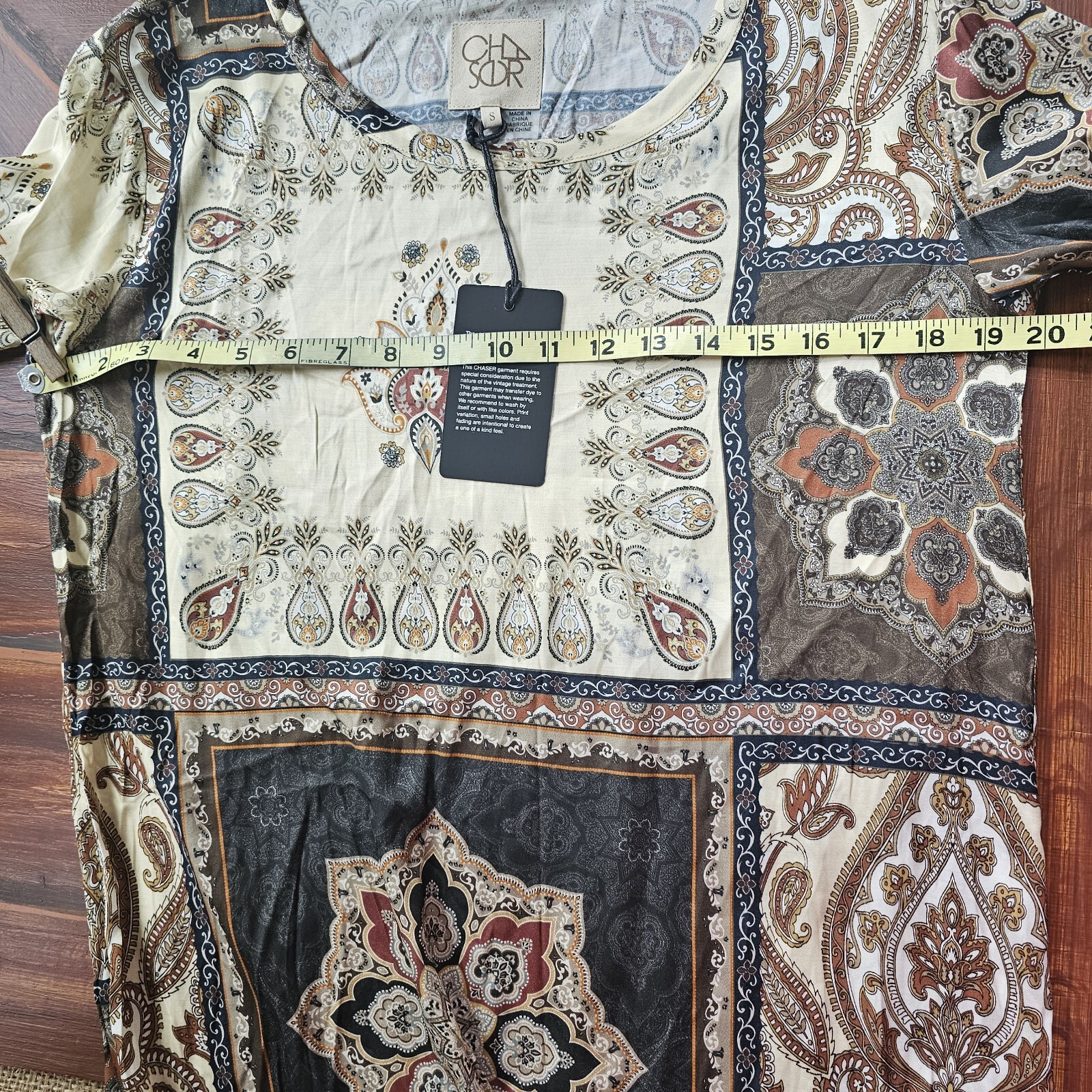 Chaser Women’s Boho Brown/Black/Paisley Pattern Cream Silky Dress SZ SM NWT