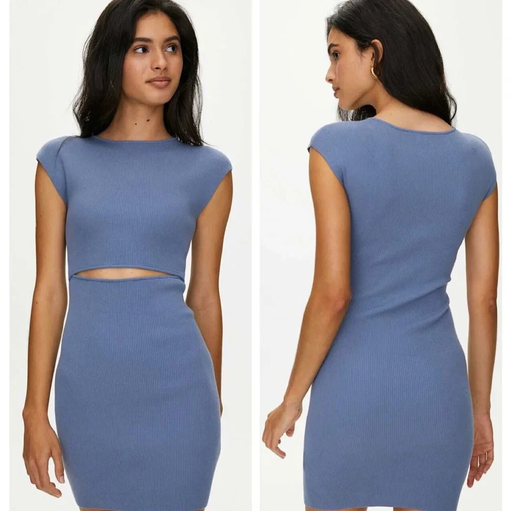 Aritzia Wilfred Free Cut Out Stretch Cap Sleeves Blue Mini Dress size M NWT