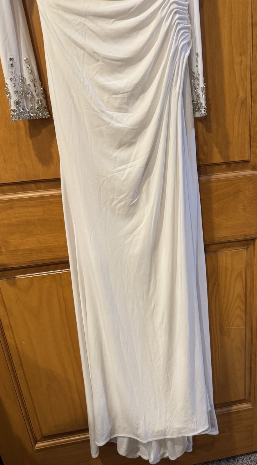 Mac Duggal White Off Shoulder Long Sleeve Beaded Cuff Side Slit Bridal Gown