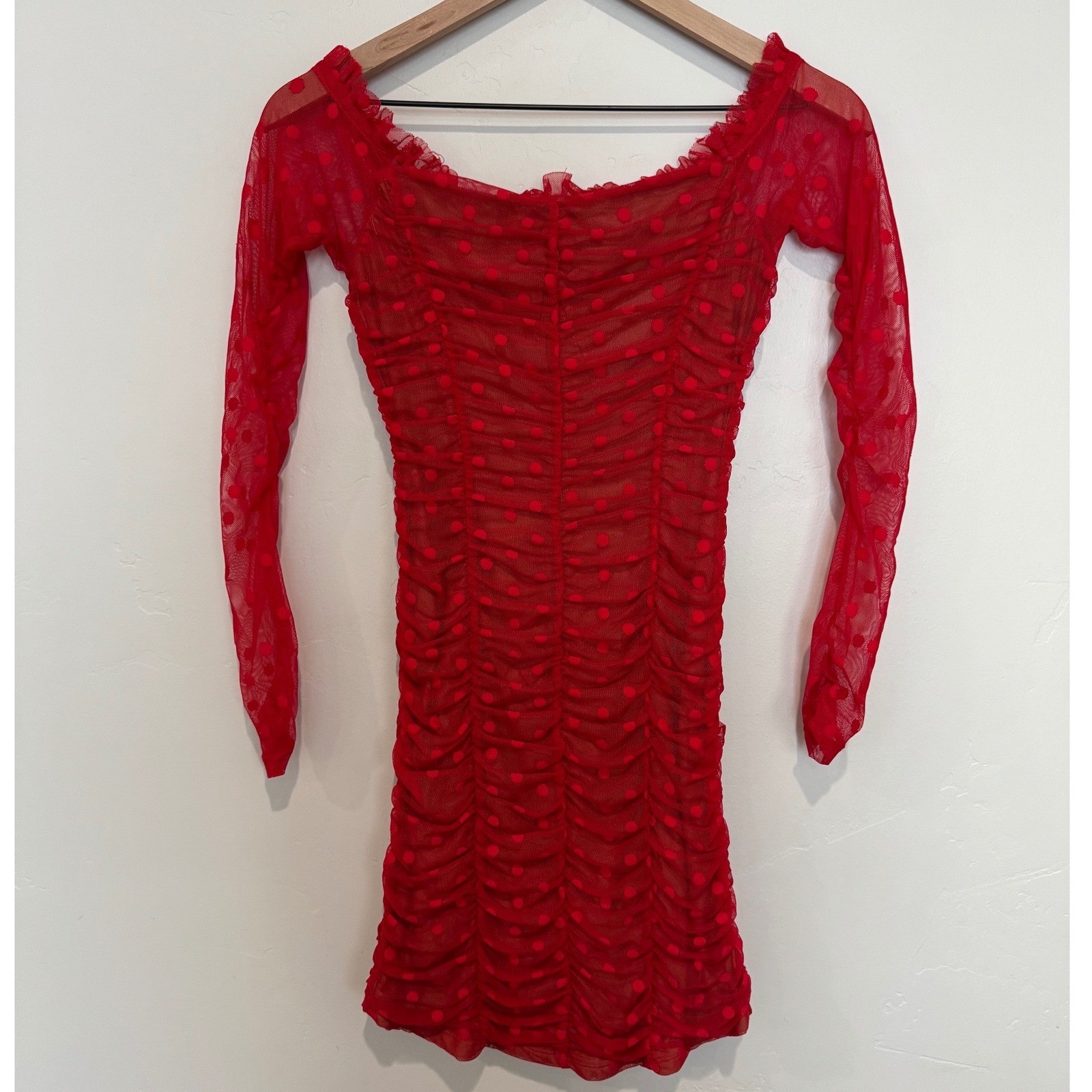 Revolve Majorelle Darling Red Ruched Body Con Mini Dress Size S Polka Dot Mesh