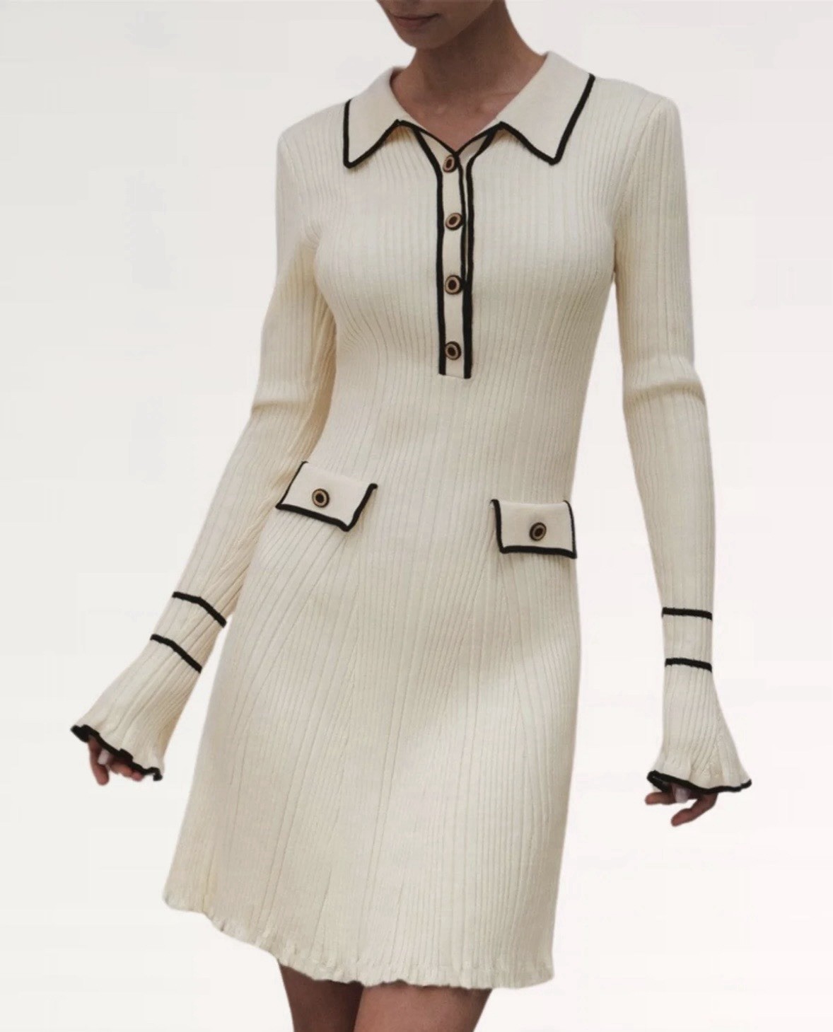 Women’s Ivory Rib Knit Sweater Dress Contrast Trim Chanel Inspired Preppy Chic