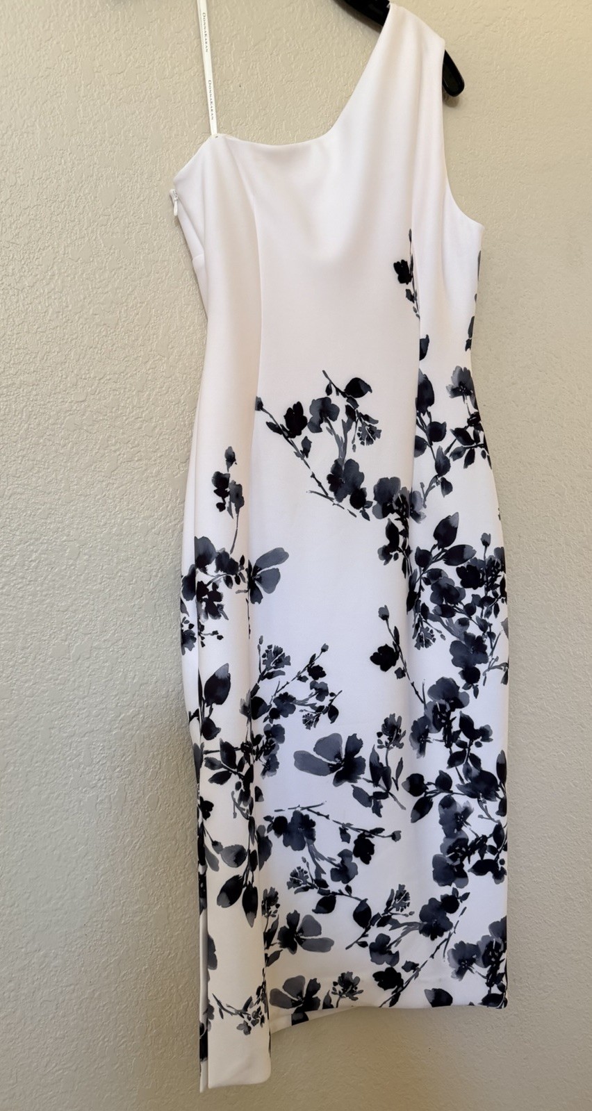 New Donna Karan New York One Shoulder Floral Print Dress Cream/Black Multi Sz 8