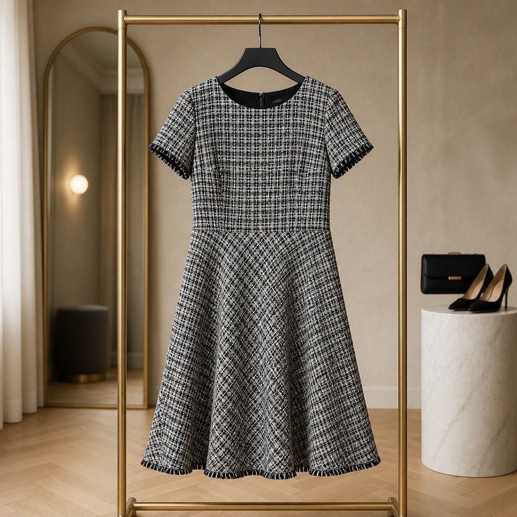 Talbots Women’s Black and White Tweed Fit & Flare Short Sleeve Dress #1086
