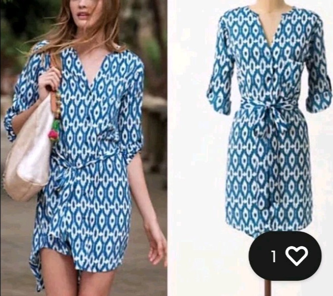 Anthropologie Maeve Dress M Blue White Ikat Oversized Mini Shirt Style