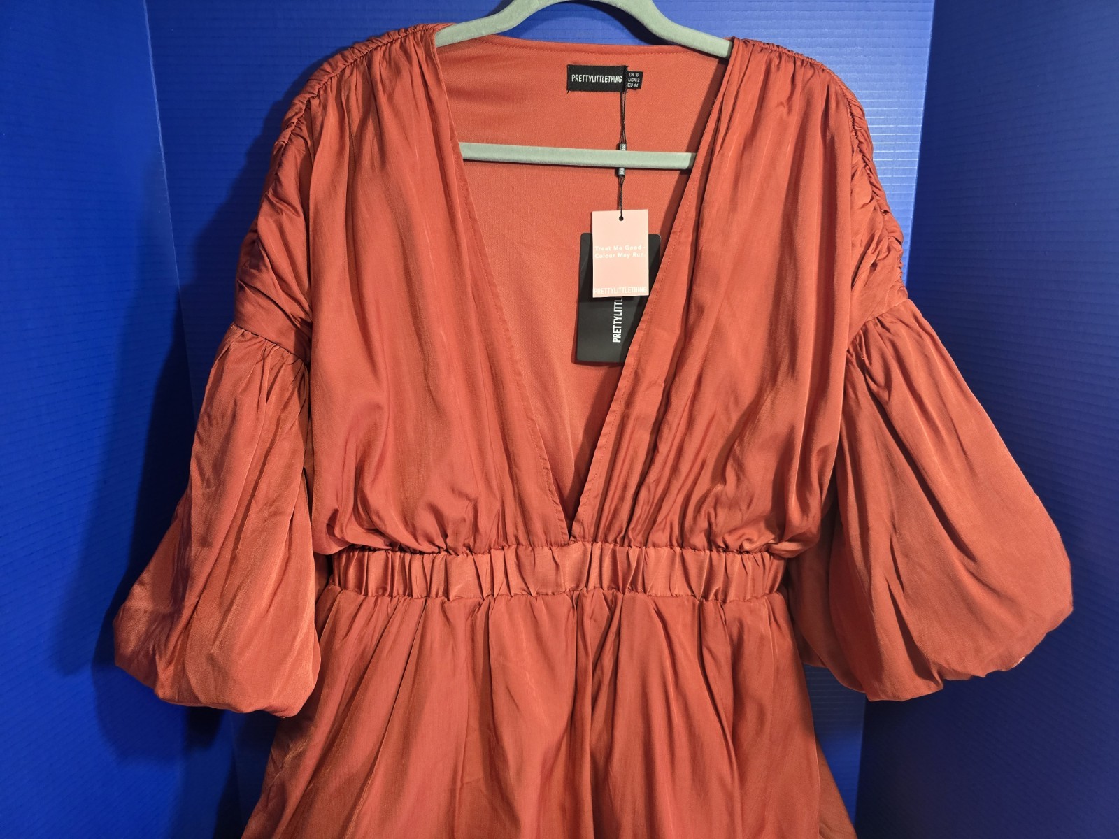 PrettyLittleThing Rust Copper Puff Sleeve Bubble Hem Babydoll Dress NWT Size 12