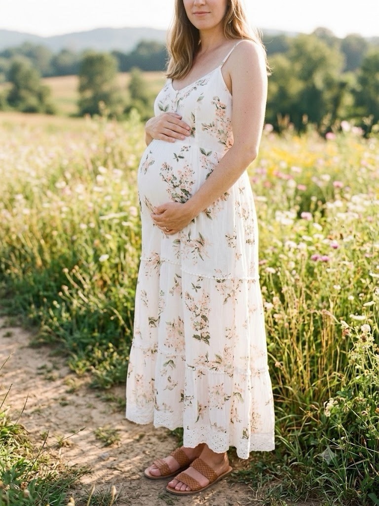 $60 MOTHERHOOD MATERNITY Floral White Tiered Boho Flowy Maxi Dress Size M 8 10
