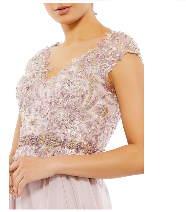 MAC DUGGAL 79365 BEADED SEQUIN CAP SLEEVE MESH & CHIFFON A-LINE ROSE GOWN 8