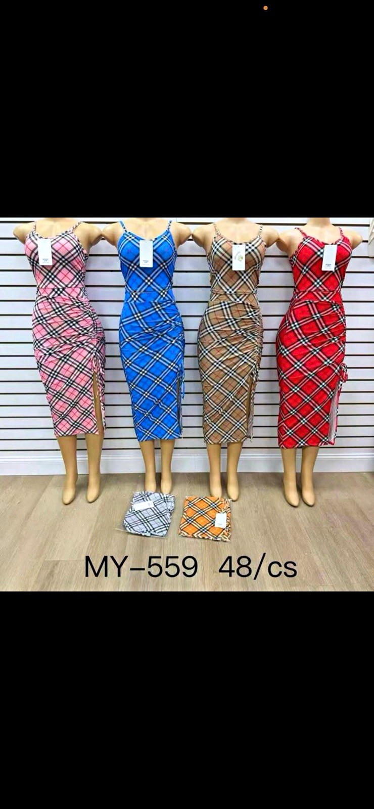 Women’s Plaid Bodycon Midi Dress V-Neck Spaghetti Strap Stretch One Size MY-559