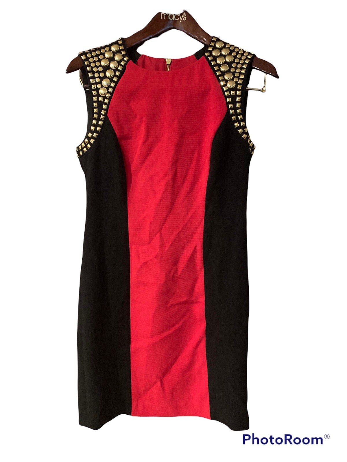 Women Designer MICHAEL KORS Red Black Gold Embellished Shoulder Cocktail Dress 4