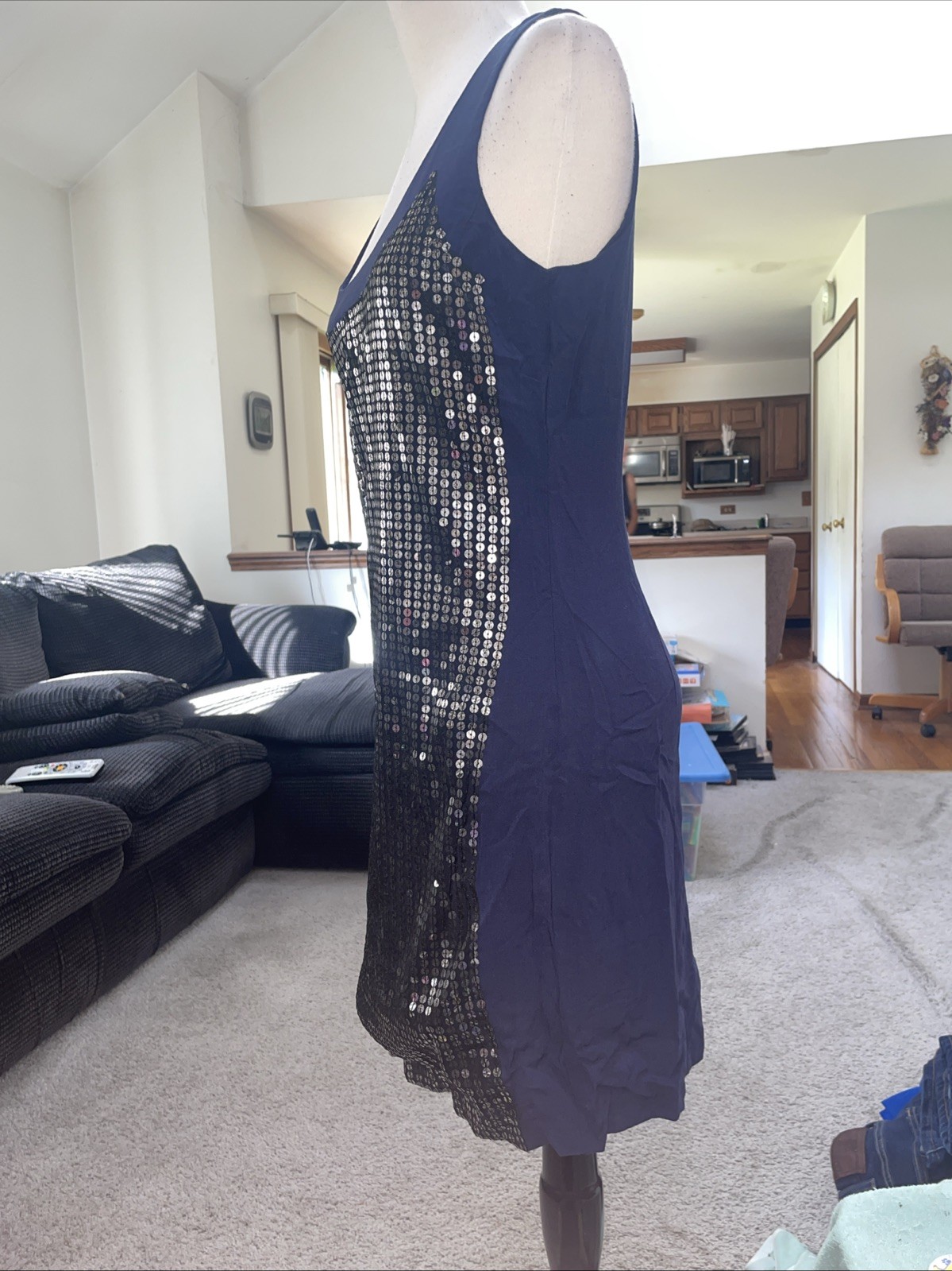 French Connection Navy Blue Sequin Front Exposed Zipper Back Dress Size Medium