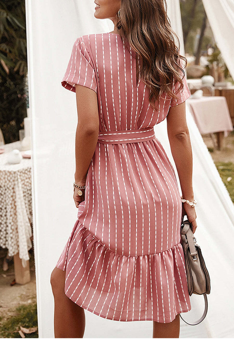 Vertical Striped Short Sleeve Ruffle Flowy Swing Dress With Belt