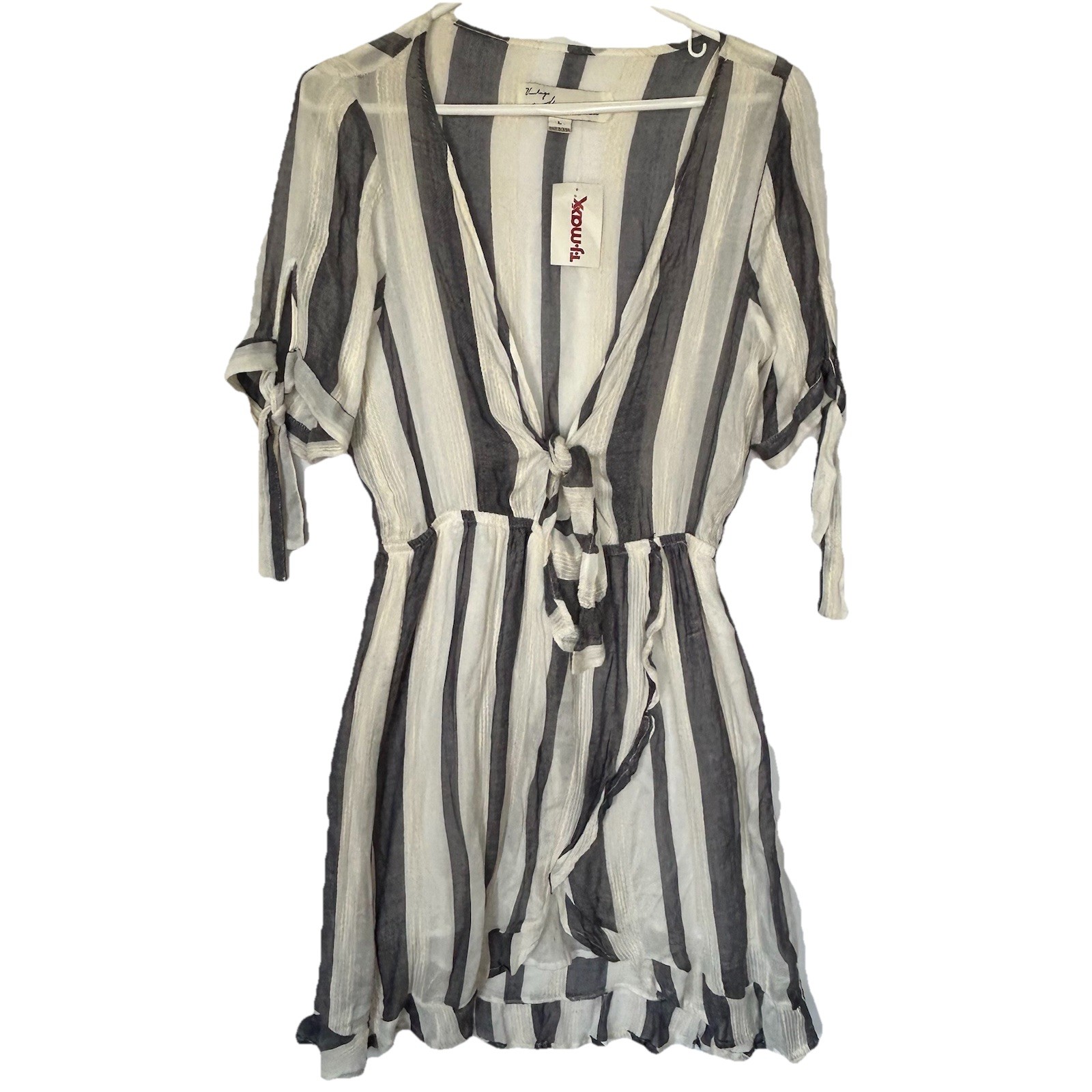 NWT Vintage Havana Mini Dress Gray White Striped V Neck Front Tie Ruffle Large