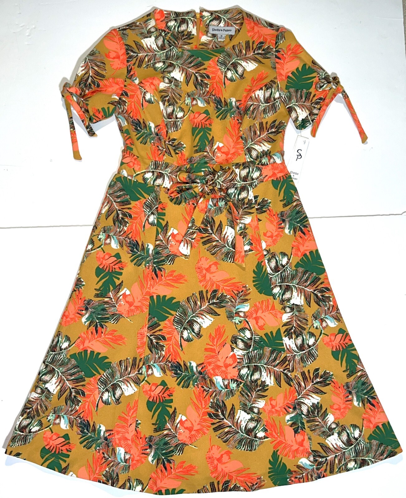 Shelby & Palmer Tropical Leaf Adjustable Belted Tie-Front Fit Flare Dress 6 NEW