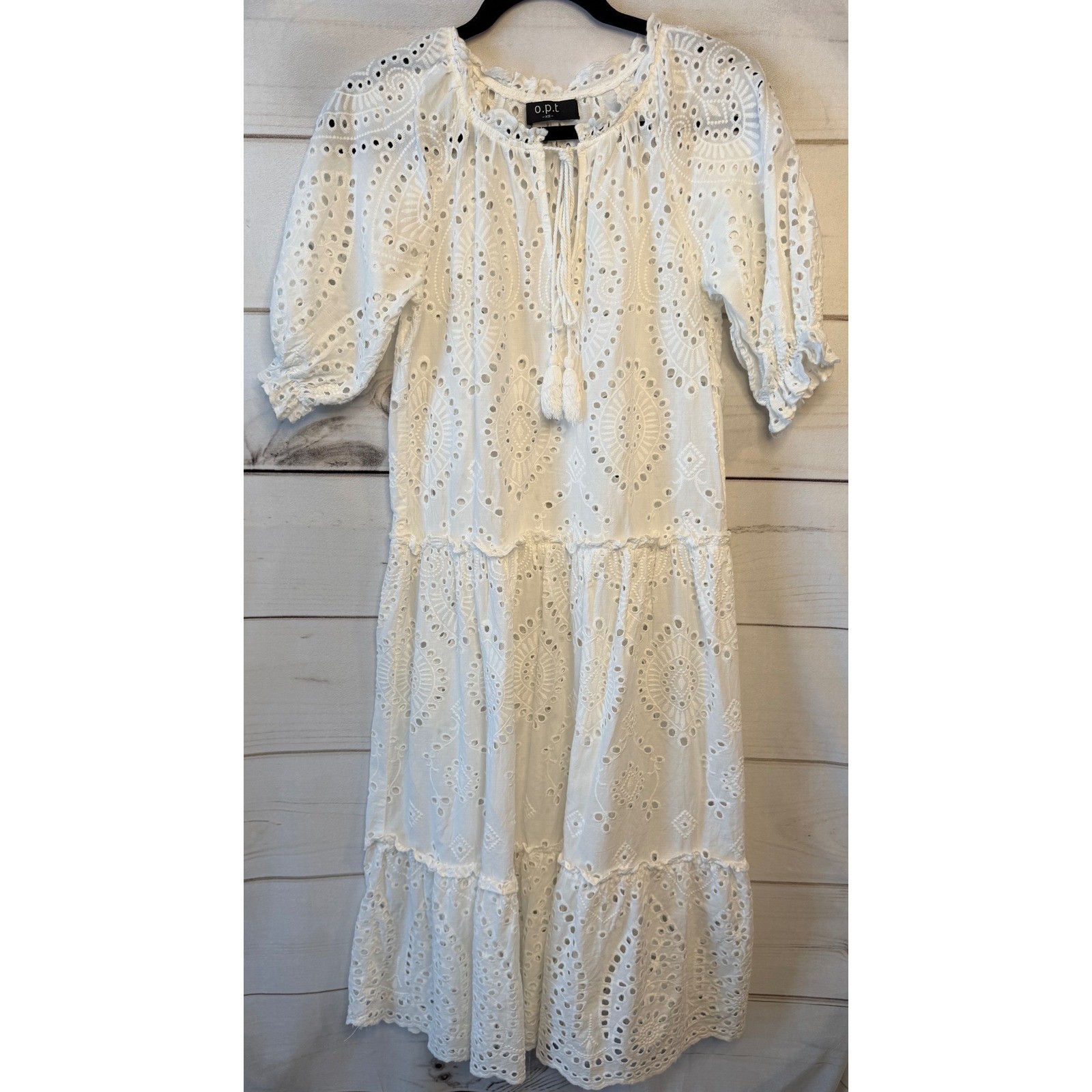 O.P.T. White Eyelet Cotton Tiered Midi Dress XS Boho Tassel Ruffle Puff Sleeve