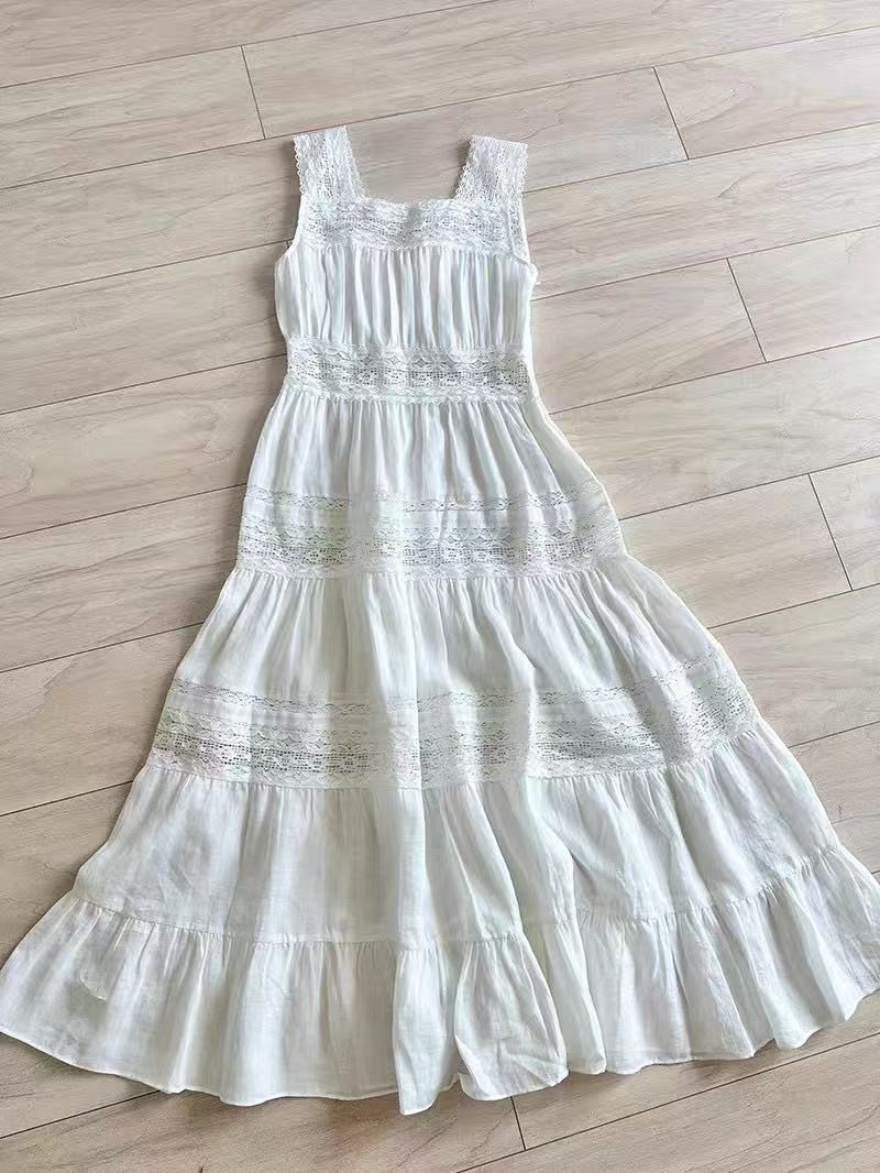 DOEN Spring/Summer Square Collar Lace Splicing Waist Sleeveless Dress