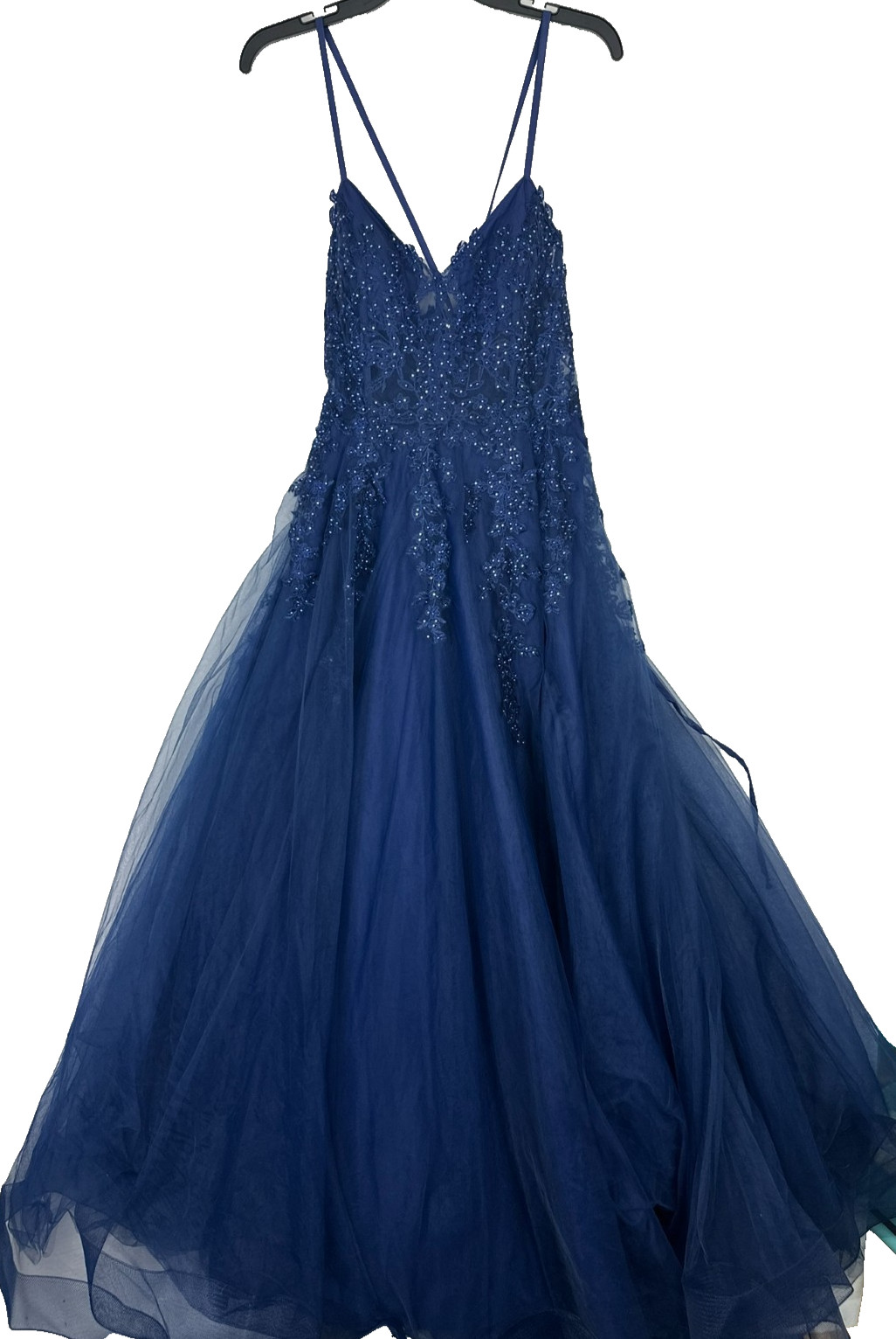 Say Yes Embroidered Ball Gown Juniors Size Navy Applique Side Slit Lace Up FLAW