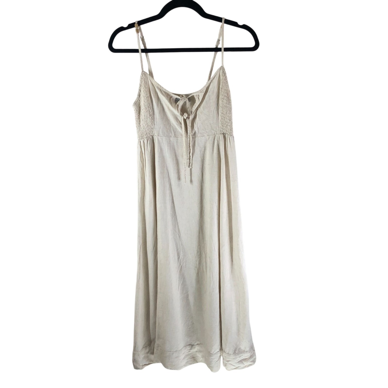 Ghanda Linen Blend Midi Dress Tie Front V Neck Beige S
