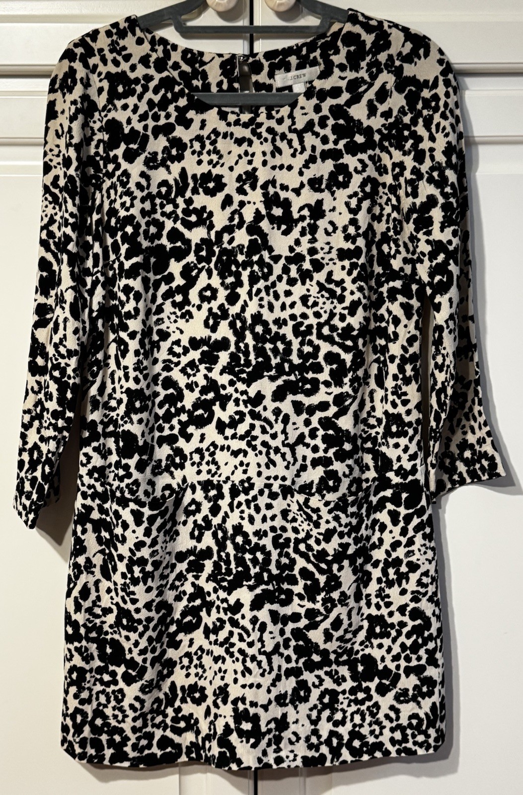 J. CREW Long Sleeve BLACK-IVORY Rayon Animal Print Pocketed Shift Short Dress XS