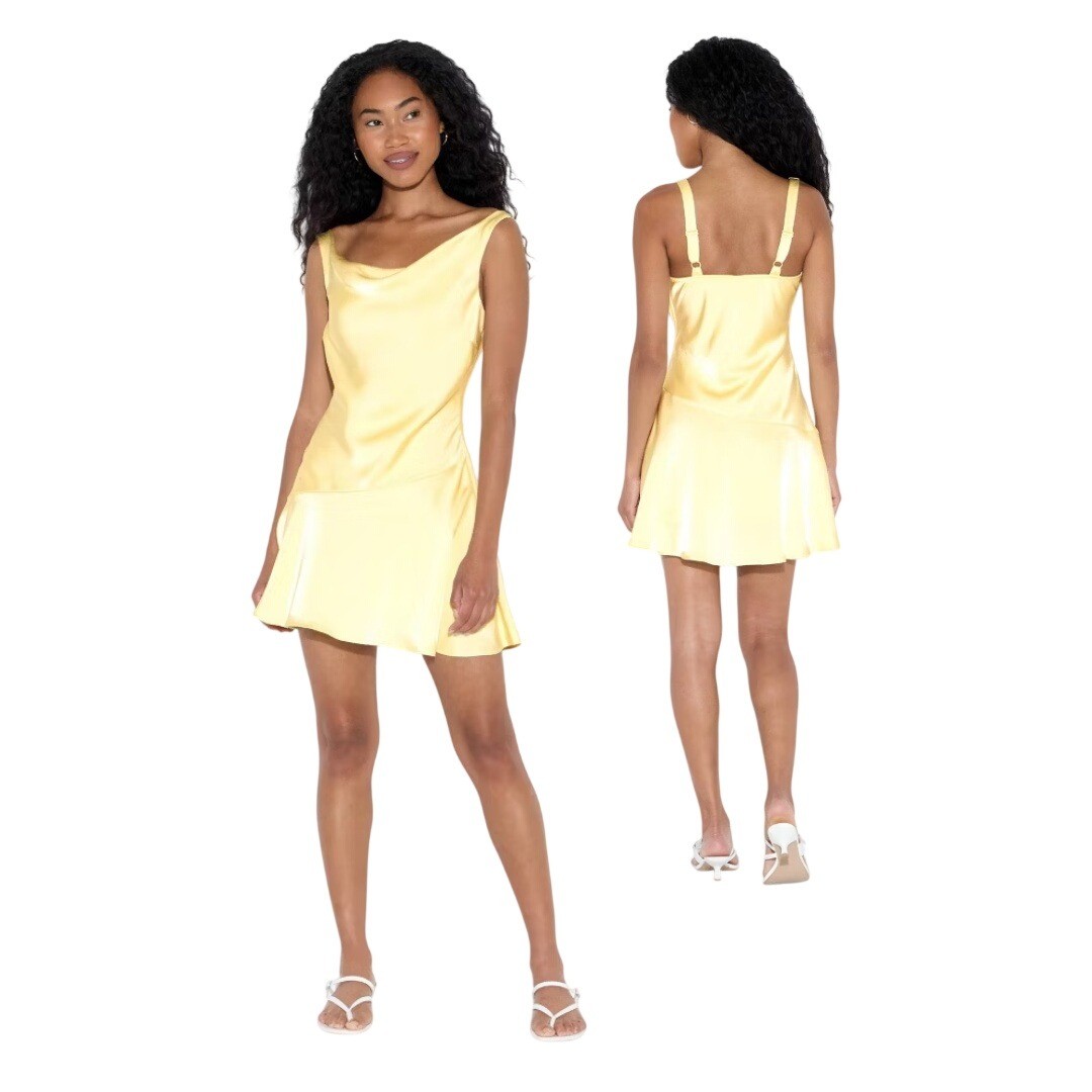 Wild Fable Women’s Yellow Cowl Neck Satin Mini Sheath Sleeveless Dress Size XL