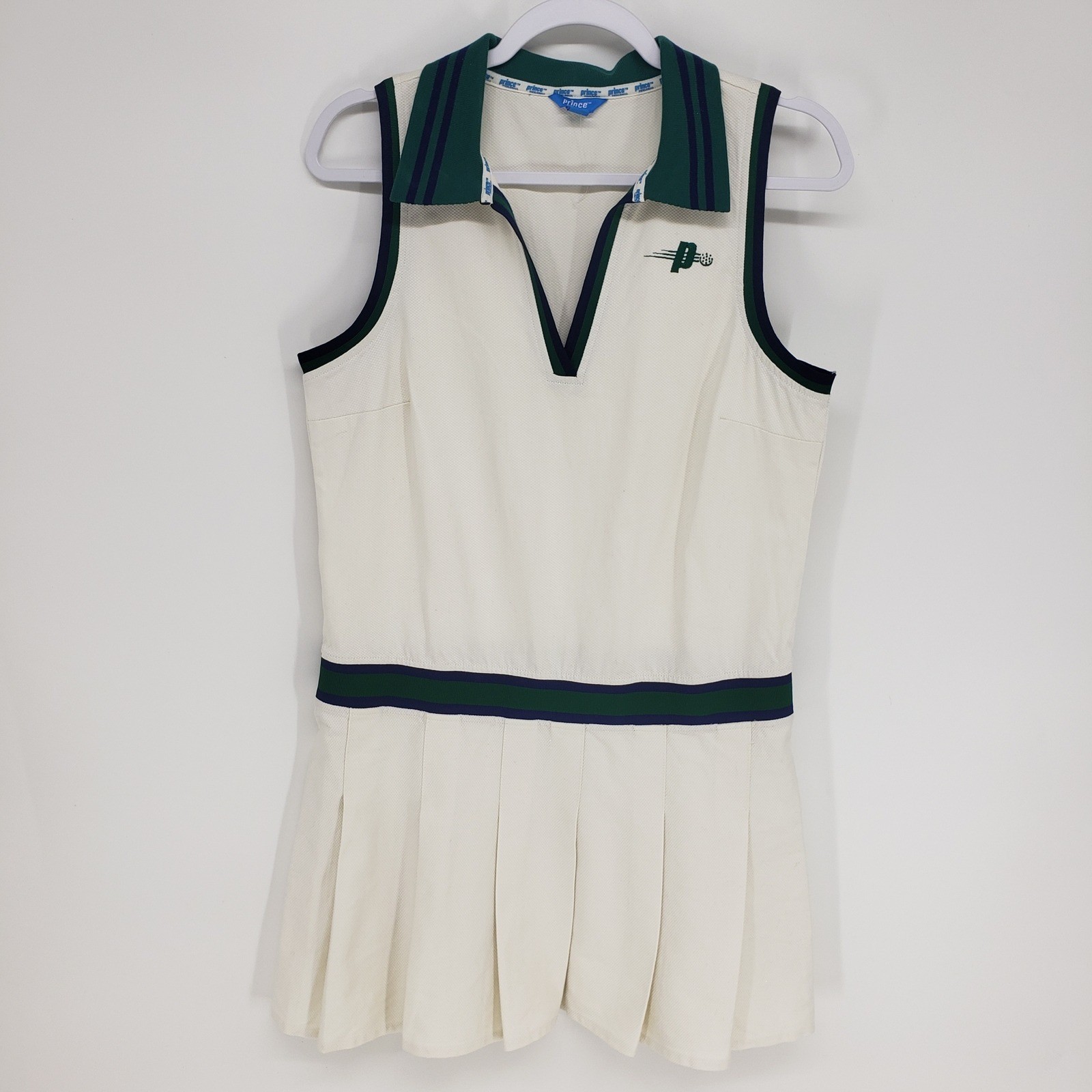 Prince Pickleball Pleated Tennis Dress Womens Medium Cream Green Sleeveless Polo