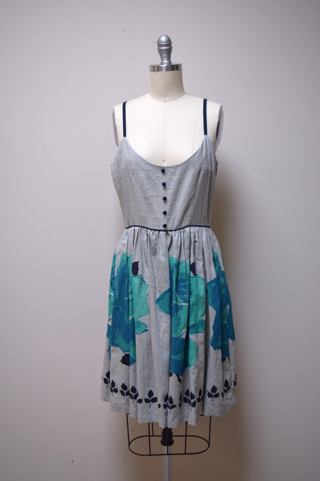 ANTHROPOLOGIE KNITTED DOVE Block Printed Linen Corset Sundress Size 8