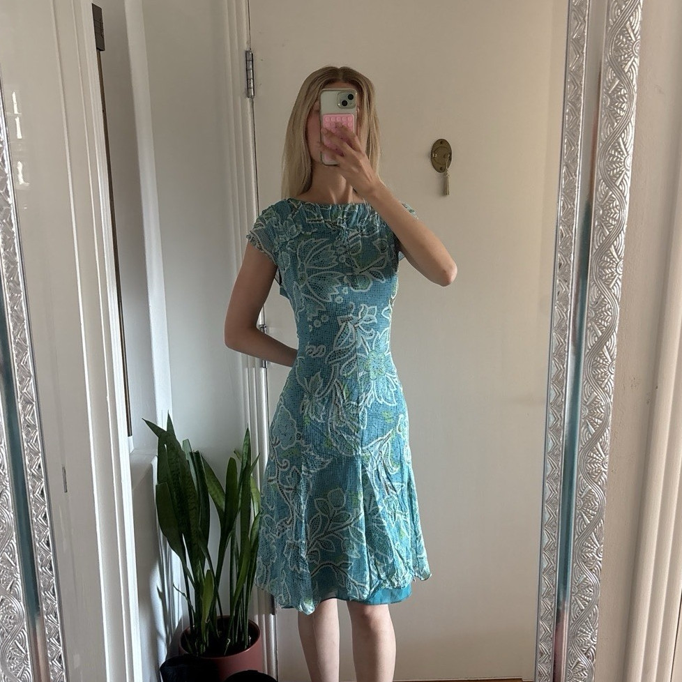 Bea Marie Studio Blue Green White Floral Square Neck Chiffon Dress 14 SM48B