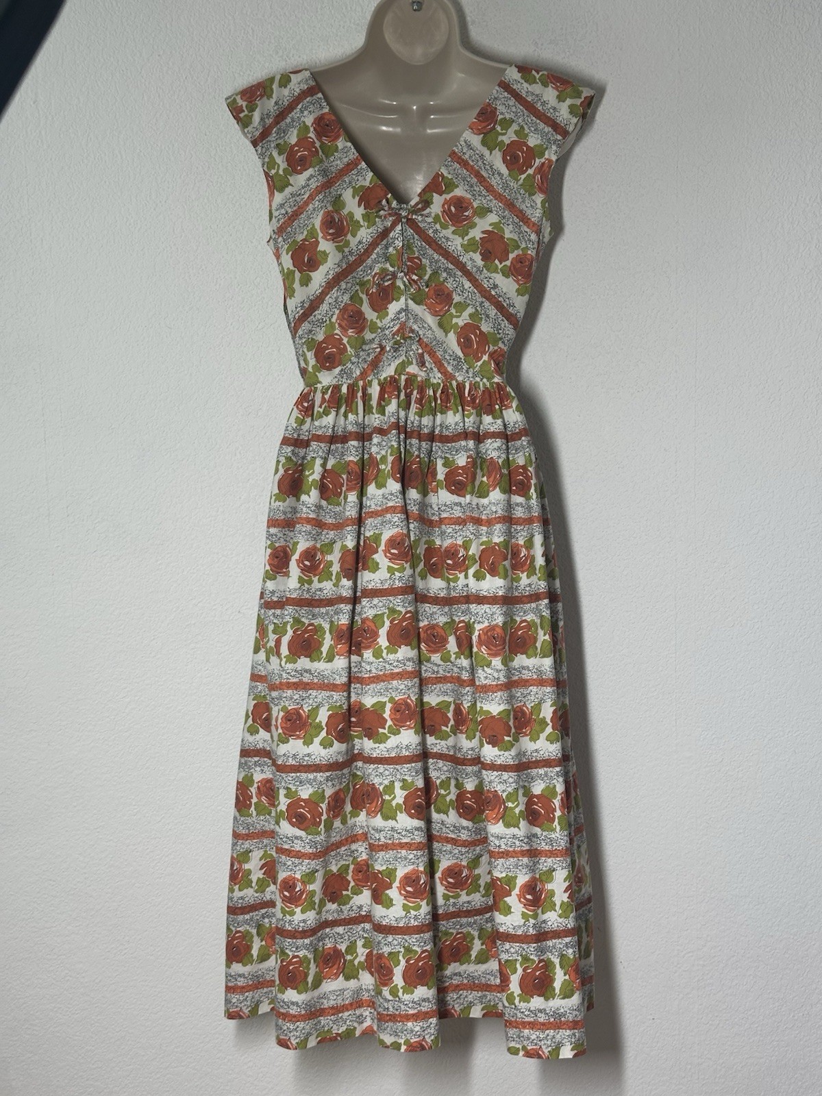 Vtg 50s Handmade Cotton Floral Midi Dress Full Gathered Circle Skirt Rockabilly
