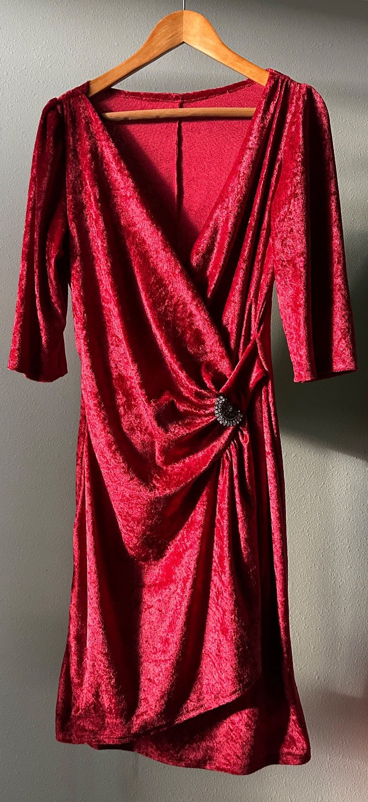 Luxurious Red Velour Midi Faux-Wrap Vampy Classic Retro Cinched-Waist Dress | XL