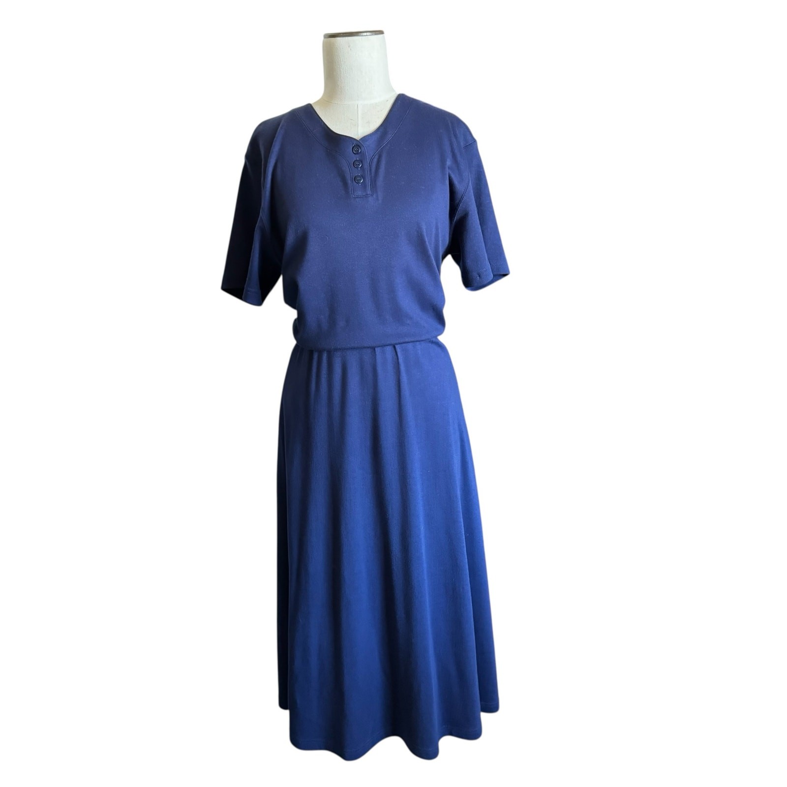 L.L. Bean Dress Womens Size M 100% Cotton Navy Blue Gathered Waist Pockets