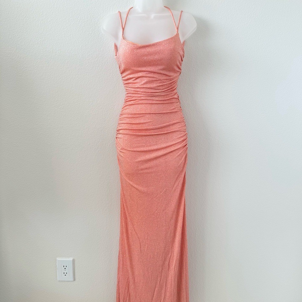 NWT Windsor Coral Orange Rylie Glitter Lace-Up Column Long Maxi Formal Dress