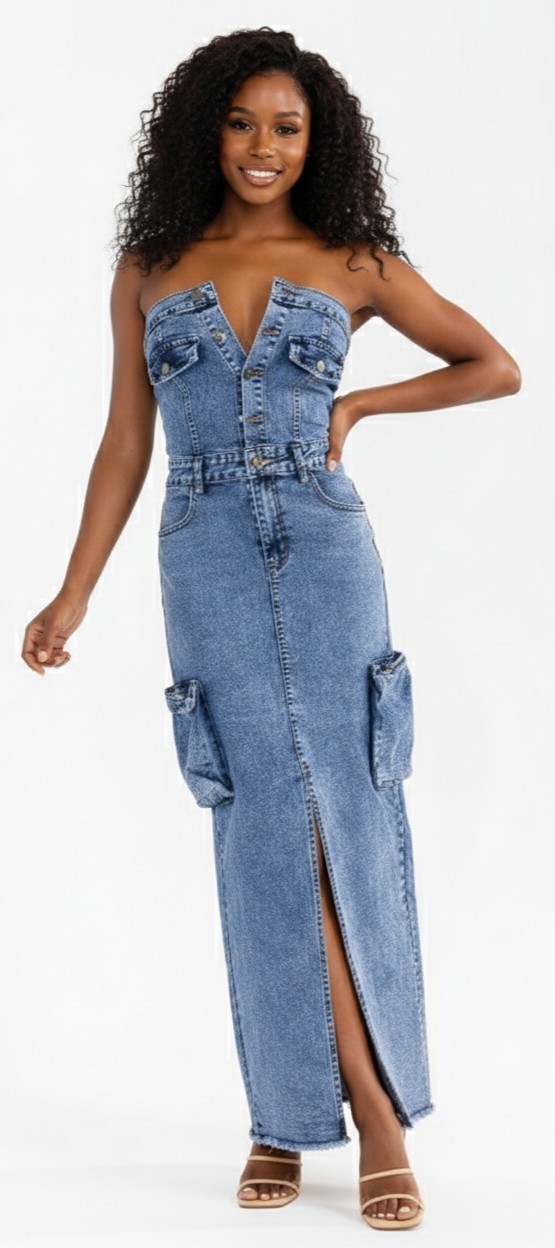 Denim Stretch Maxi Split Dress Cargo Pockets 2026 Trend SMALL MEDIUM LARGE NWT