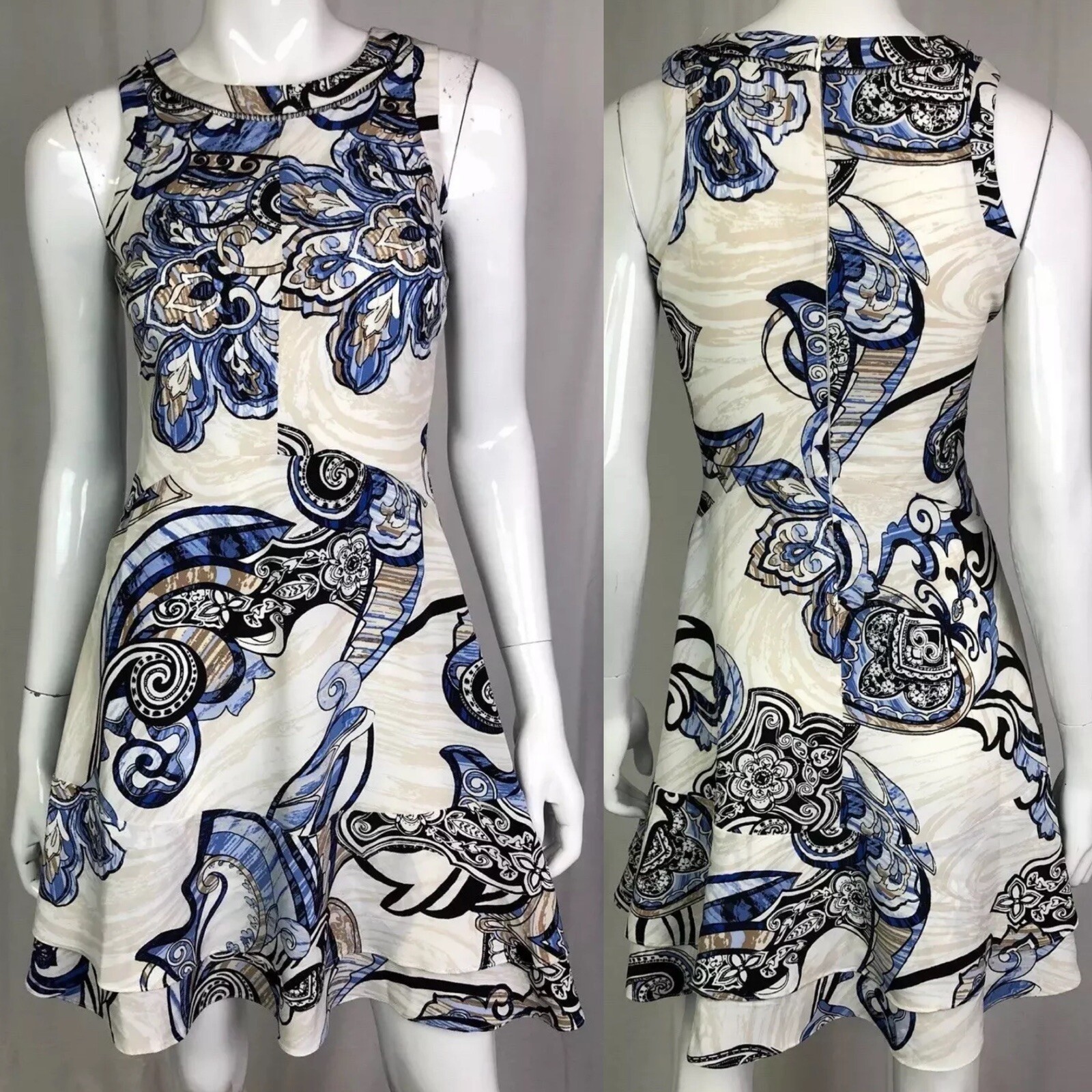 $150 White House Black Market Women’s 00 Beige Blue Floral Flare Skater Dress