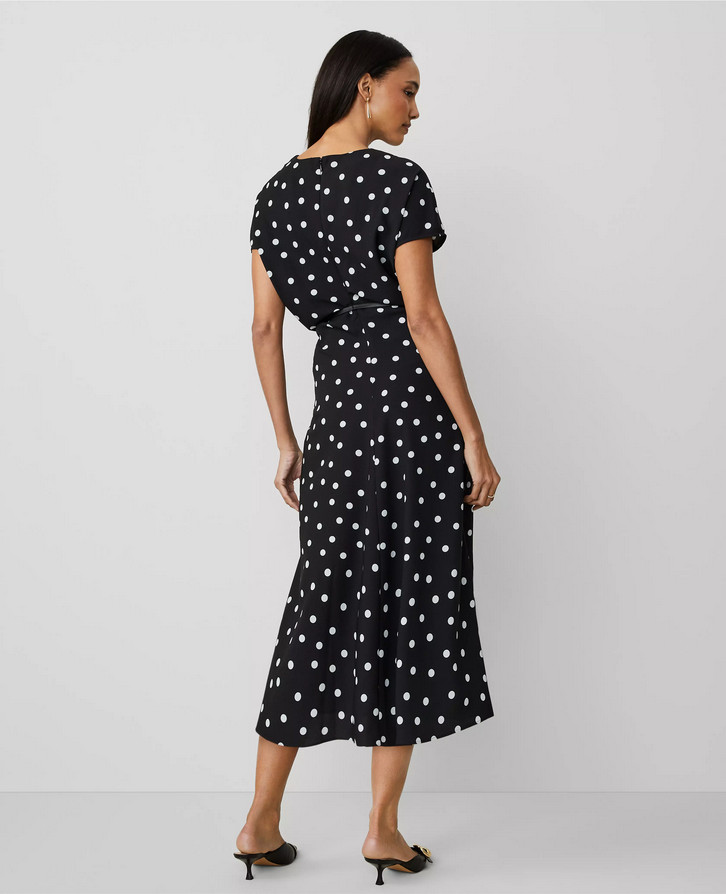 NEW ANN TAYLOR $179 BLACK DOTTED CREPE COLUMN MIDI DRESS SZ 6P