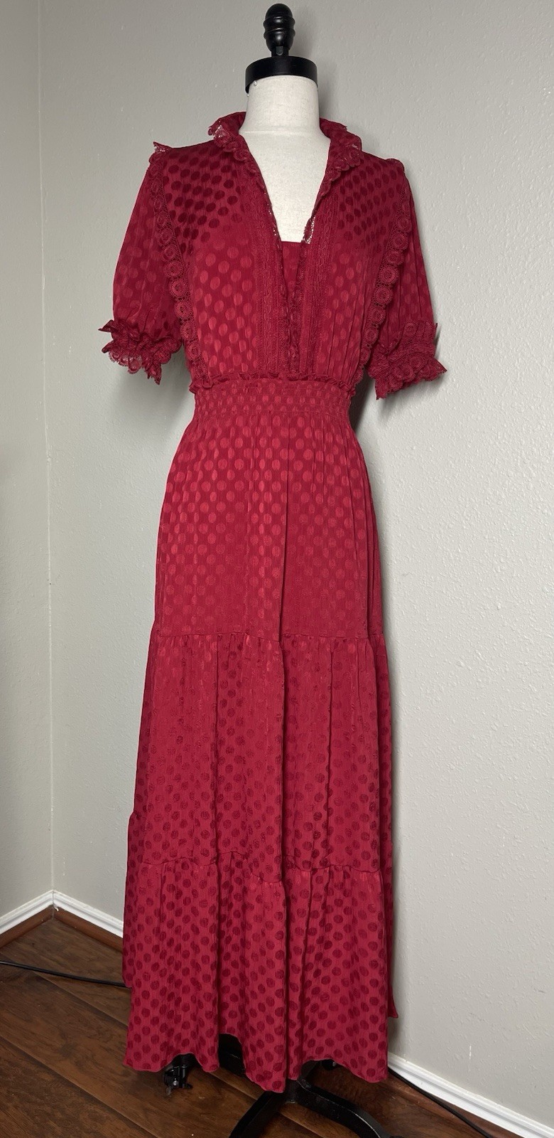 1.STATE Swiss Dot Lace Trim Tiered Maxi Dress Crimson Red Boho Cottagecore S