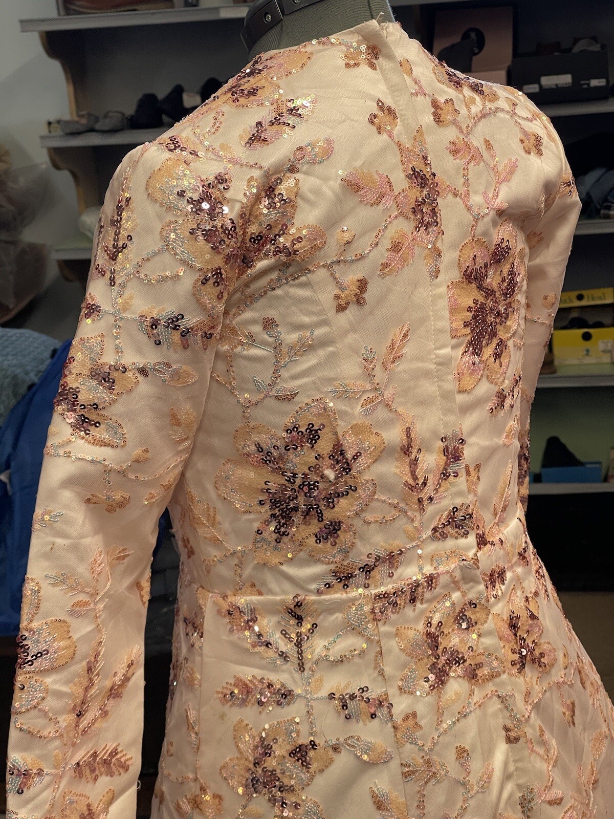 Pink FLORAL Sequence ￼ LONG SLEEVE High Round Neck GOWN Size L, Handmade.