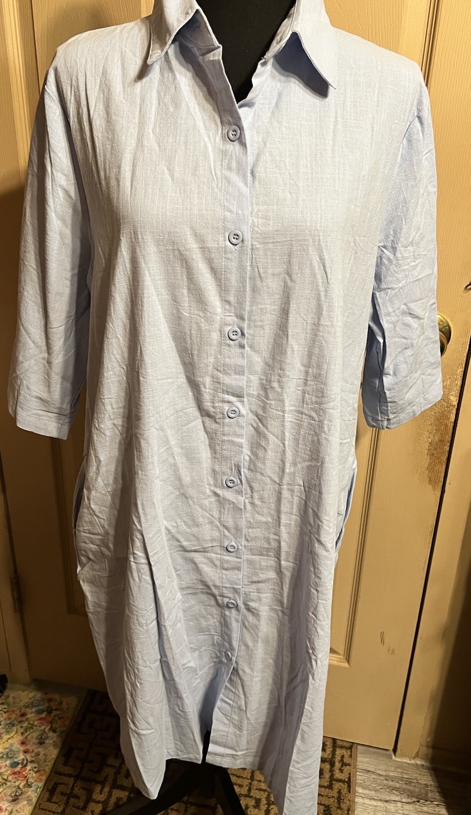 Button Front Dress With Pockets Linen Cotton Blend Large Midi