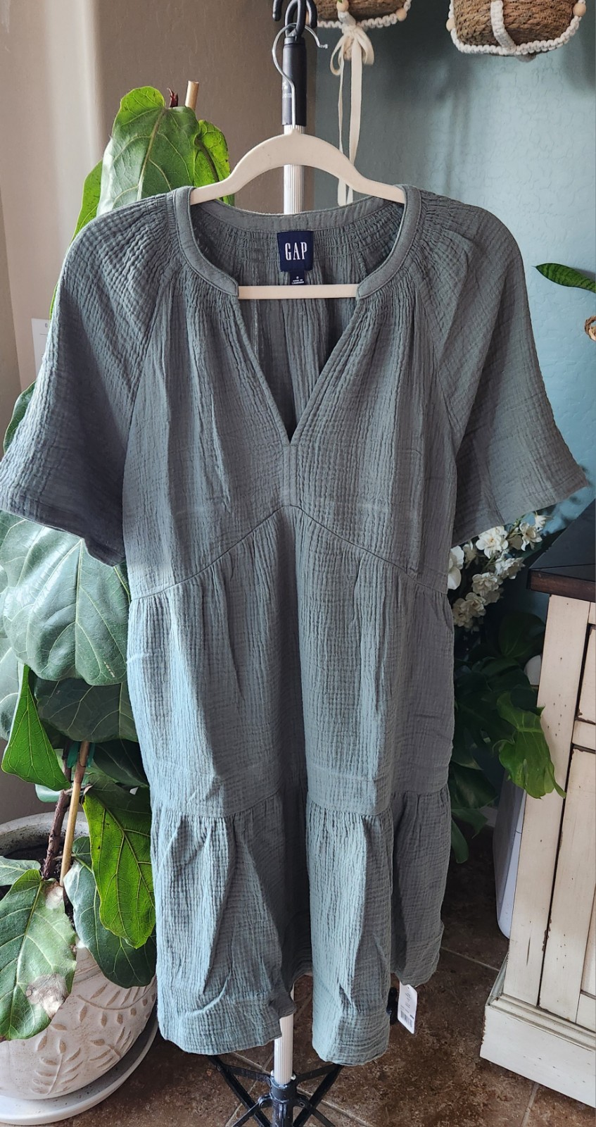 NWT GAP 100% Cotton Gauze Soft Crinkle Dress Women’s S, Dark Jade Green, $69.95