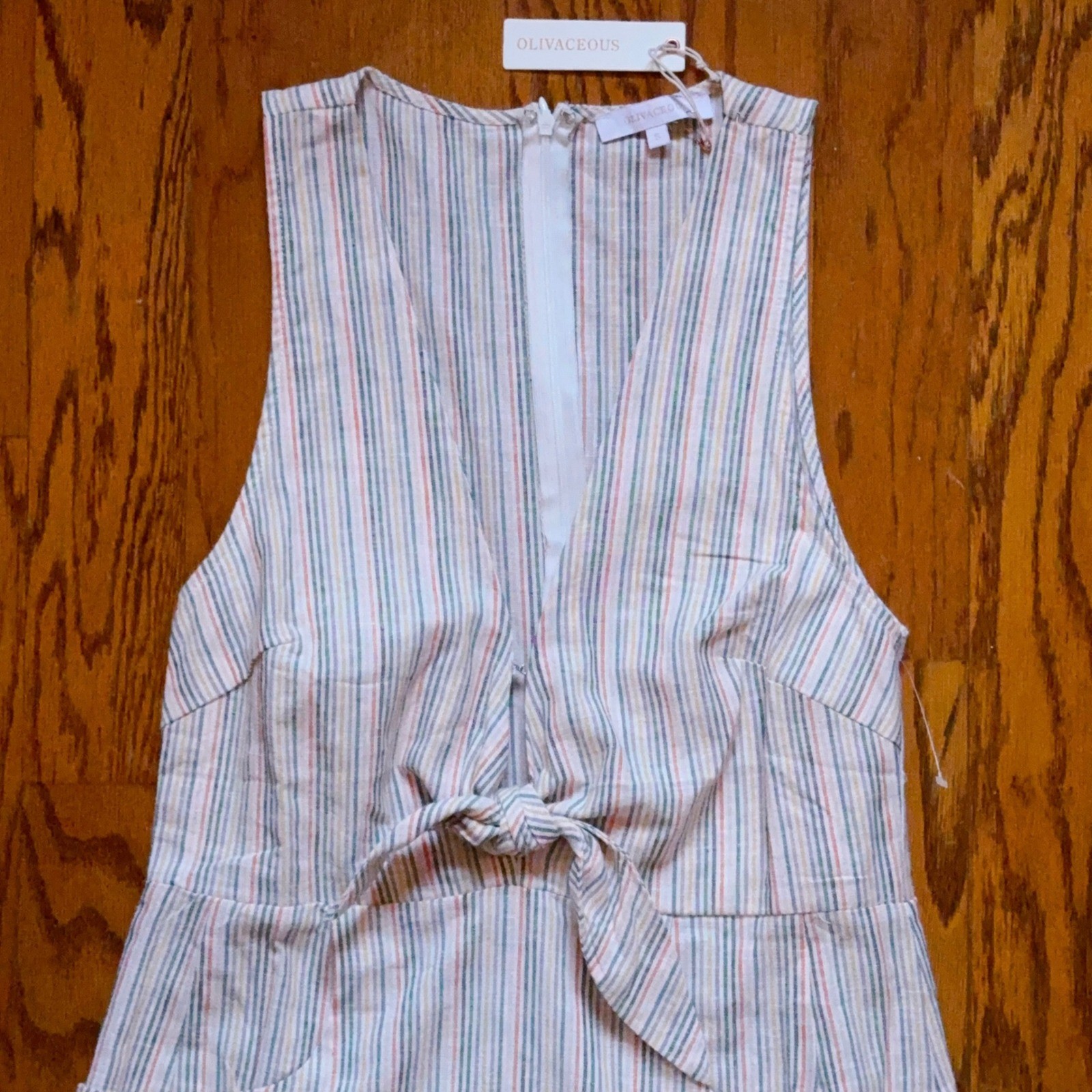Olivaceous Linen Blend Striped Dress S Plunge V Front Knot Pockets NWT