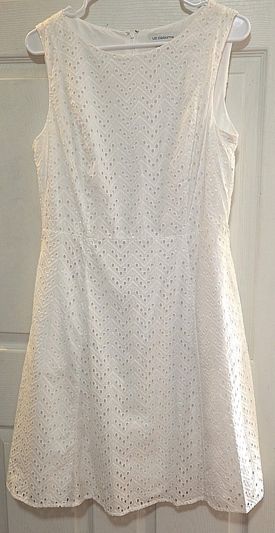Liz Claiborne White Eyelet Round Neck Sleeveless Fit & Flare Dress 12 ZipC7