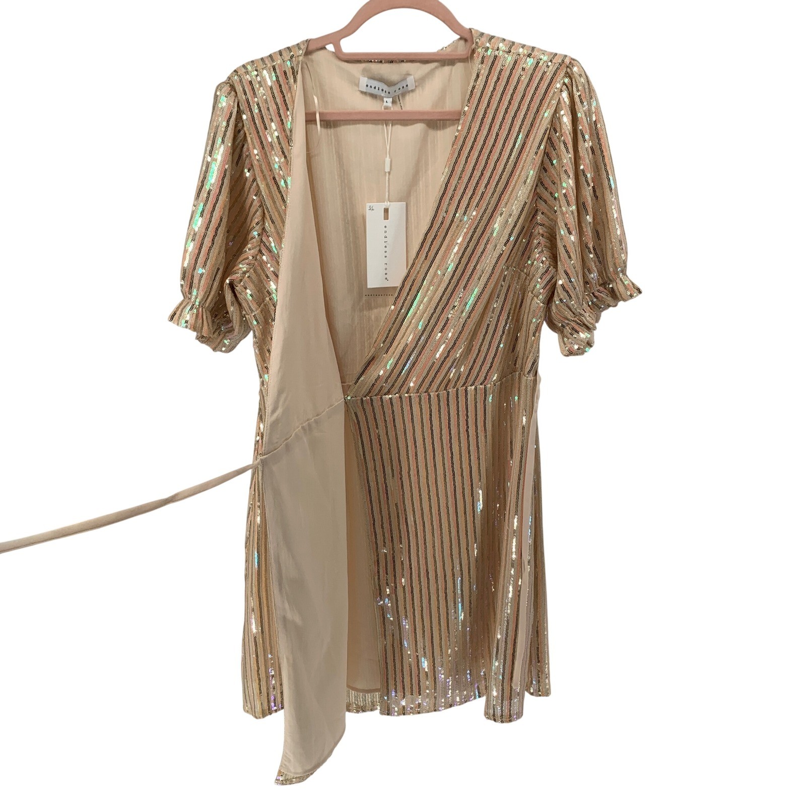 Endless Rose Sequin Striped Wrap Dress Gold Iridescent V-Neck Puff Sleeve Large