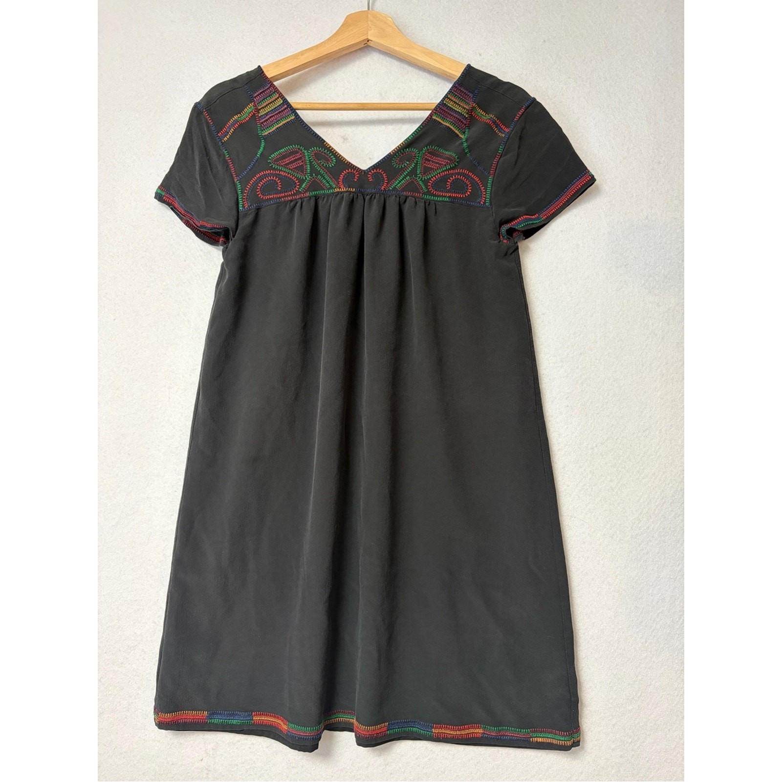 Madewell 100% Silk Embroidered Shift Dress Black Multicolor Boho Artisan Small