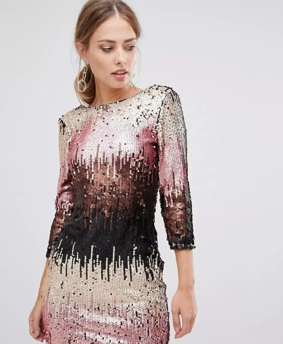 Sequin dress long sleeve Little Mistres Asos Gradient Ombre Gold Black Pink BNWT