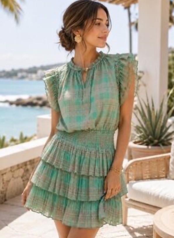 Anthropologie Current Air Zoey Pleated Mini Dress Small Green Pink Plaid Ruffle
