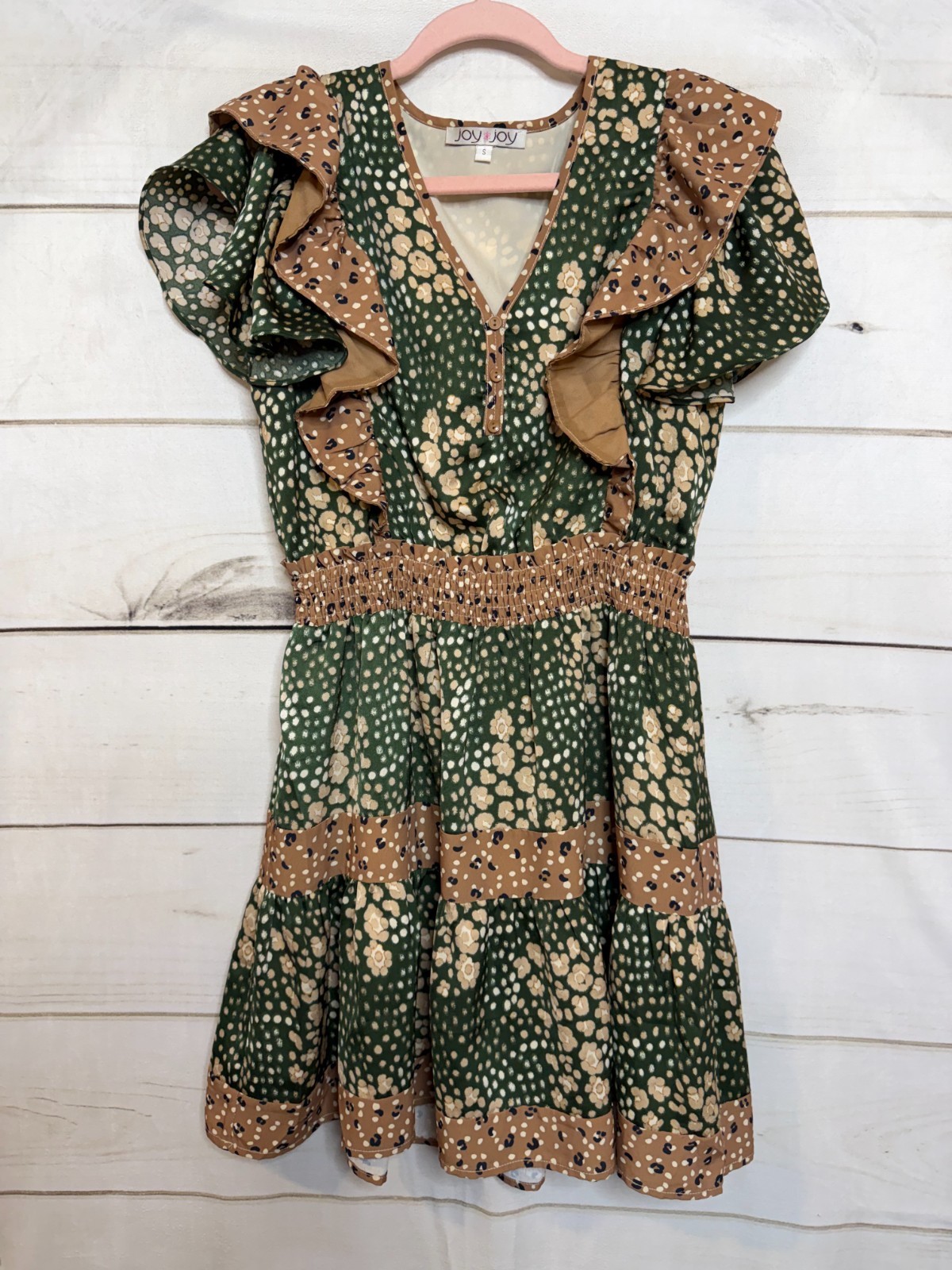 Joy Joy Dress Size SM Ruffles Green Beige Print Rouched Waist