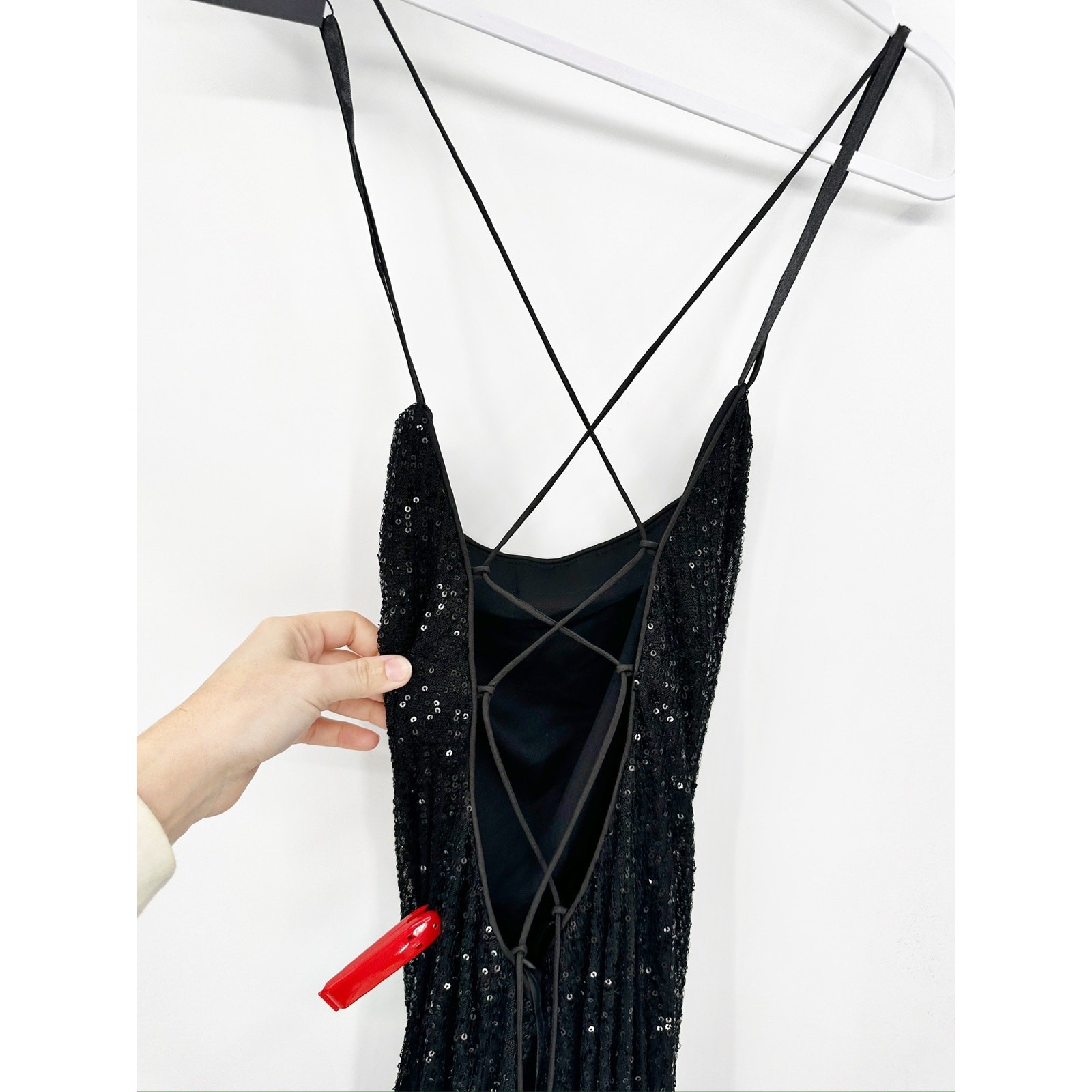Mac Duggal 26269 Black Stretch Sequin Lace Up Back Evening Gown Size 8