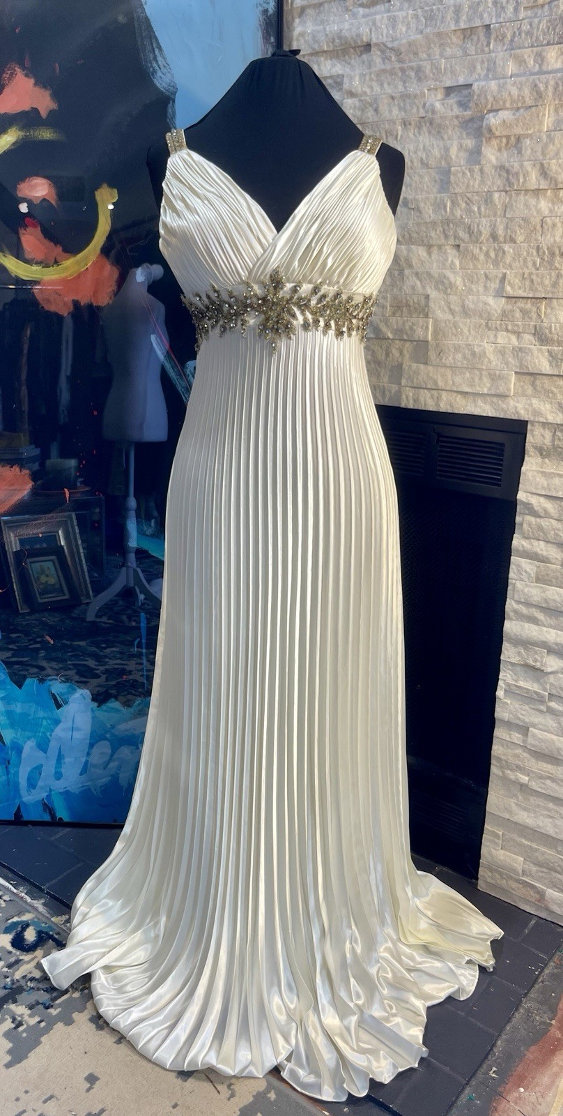 camille la vie White Satin Pleated Formal Gown Empire Beaded Waist Size 10